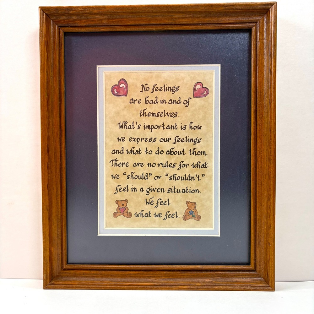 Vtg Framed Calligraphy Art We Feel What We Feel Brown Wood Frame Unbranded Good